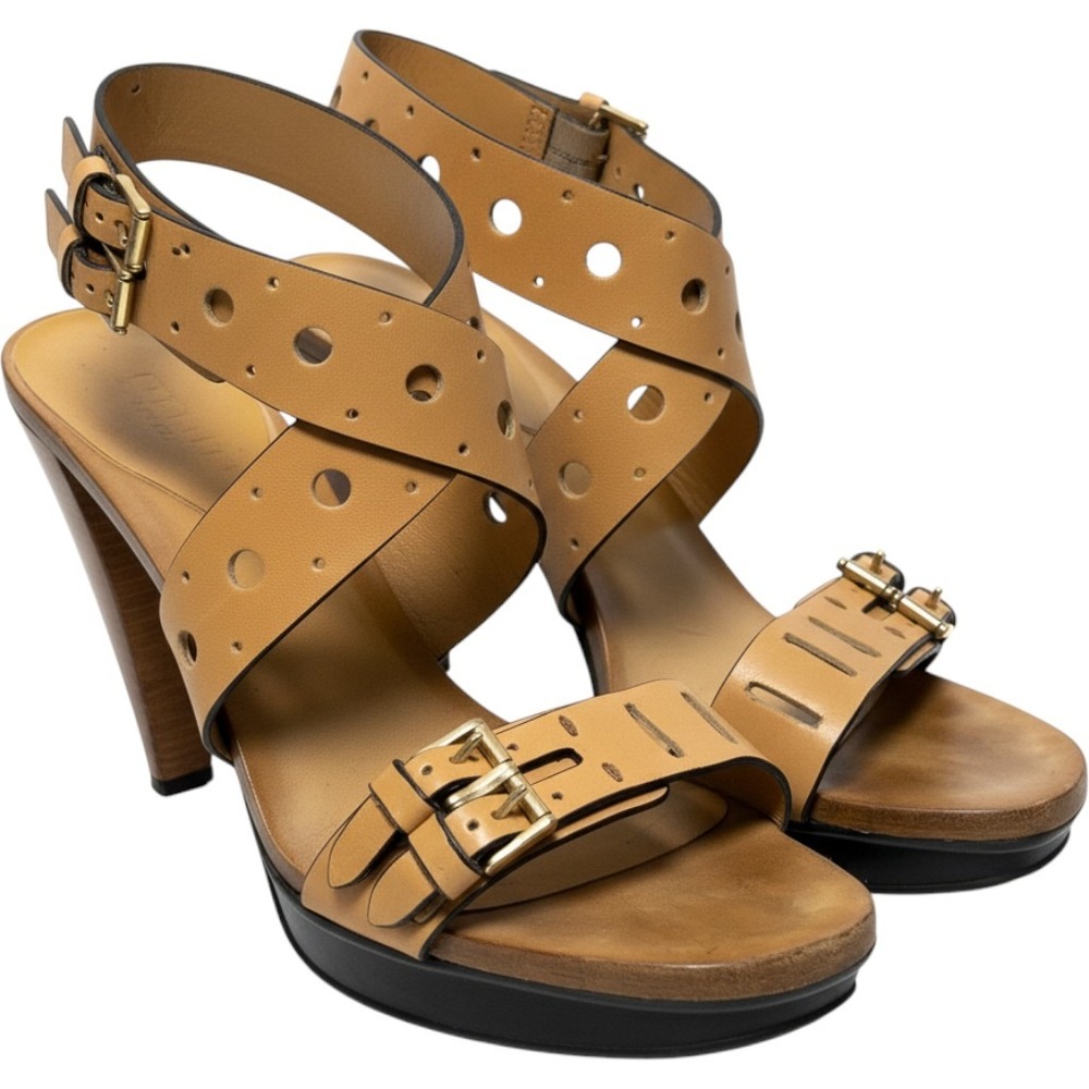 Tods Womens Sandals Perforated Strappy Buckle 40.5/10.5 Tan Leather Heel